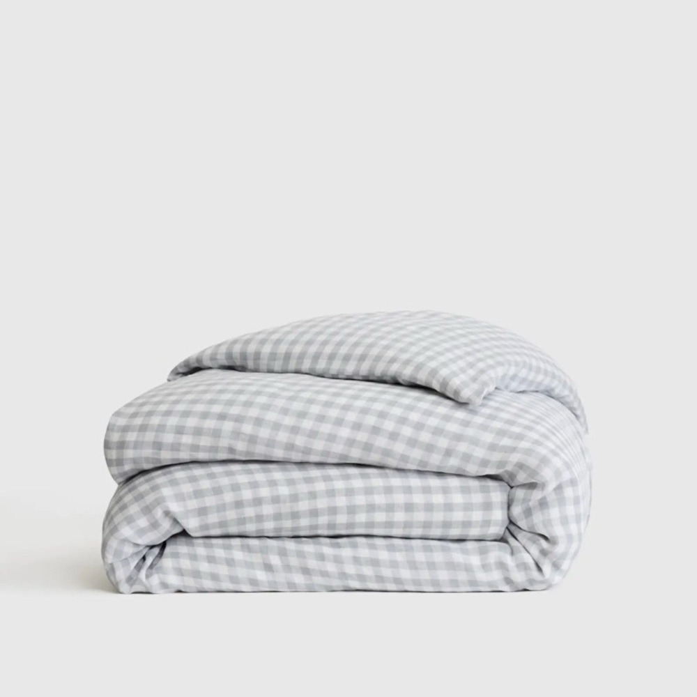 Quince Organic Percale Cotton Gingham Duvet Cover Fog Blue